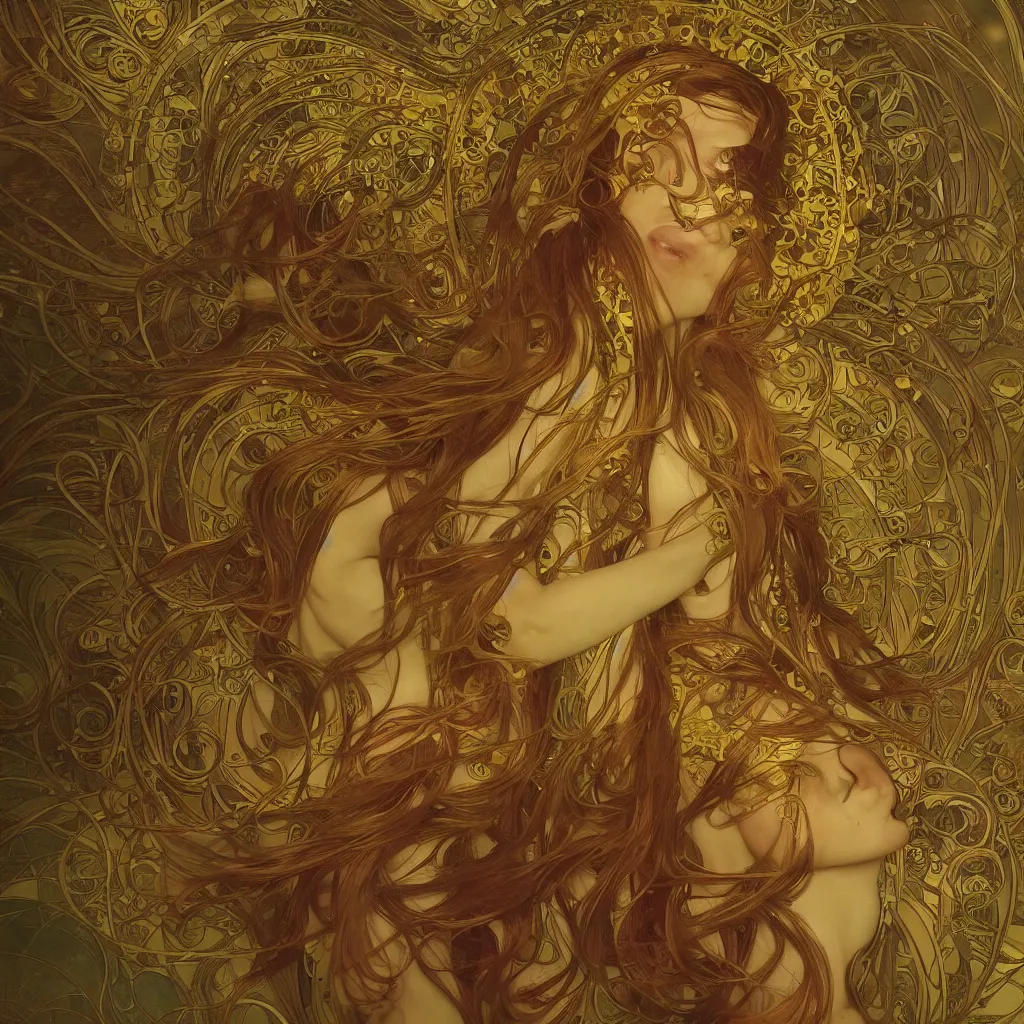 Image similar to human body made of thin golden and rainbow Art Nouveau, Alphonse Mucha, cinematic realistic photo, octane render