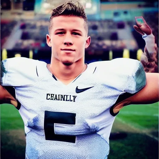 Image similar to “ a realistic detailed photo of a guy who is an attractive humanoid who is half robot and half humanoid, who is a male android, football player christian mccaffrey, shiny skin, posing like a statue, blank stare, on the field, on display ”