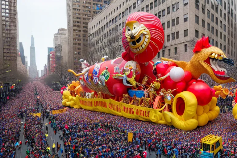 Image similar to photo of giant beautiful elaborate parade float designed by geoff darrow and wes anderson, in the macys parade, detailed 4 k photo