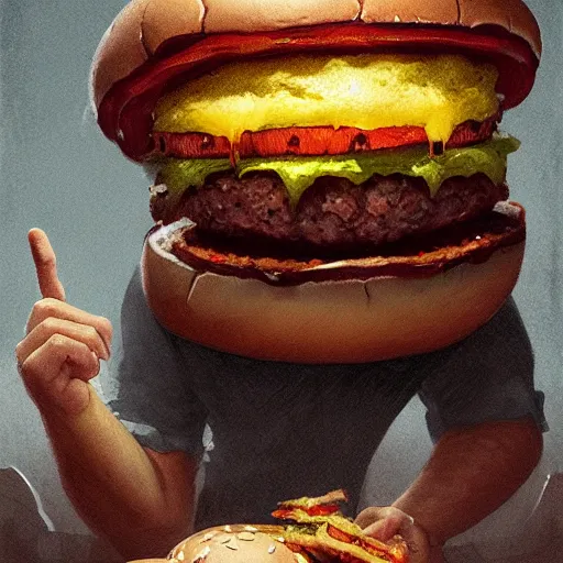 Prompt: a monster with a hamburger head, burger with eyes in the bread, burger with a mouth, teeth between bread and patty, character concept art, fantasy drawing, illustration, highly detailed, hyperrealistic, cgsociety, artstation, oil painting by greg rutkowski