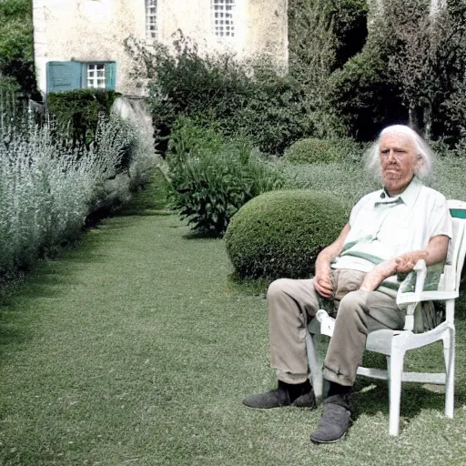 Image similar to long white hair old man with green shirt and white short, sitting in ile de re house garden, film still of plein soleil ( 1 9 6 0 )