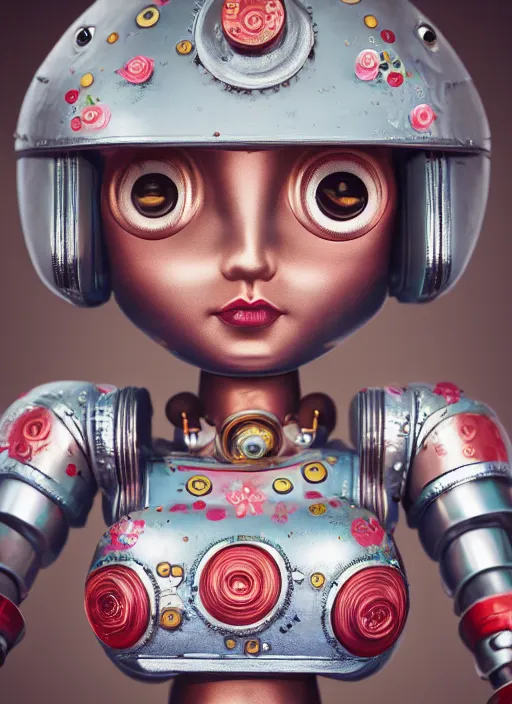Image similar to closeup portrait of tin toy robot bikini girl trap, depth of field, zeiss lens, detailed, symmetrical, centered, fashion photoshoot, by nicoletta ceccoli, mark ryden, lostfish, breathtaking, 8 k resolution, extremely detailed, beautiful, establishing shot, artistic, hyperrealistic, octane render