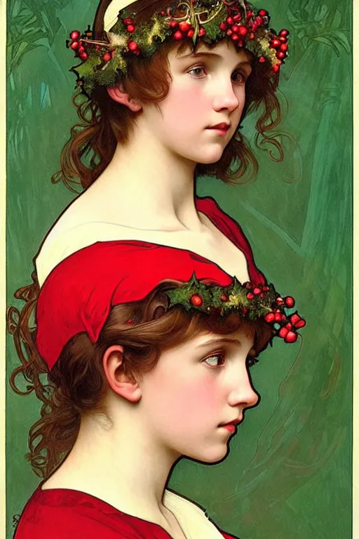 Image similar to realistic art nouveau style detailed portrait of 1 4 - year - old millie bobby brown wearing a holly wreath as a crown at christmas by alphonse mucha, william adolphe bouguereau, and donato giancola art nouveau style, red and green christmas colors