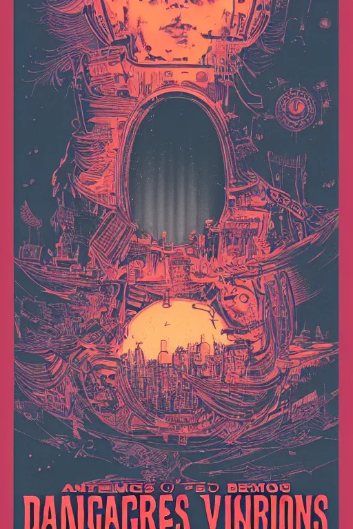 Image similar to dangerous visions, poster by Steve Thomas and Mike beeple Winklemann, screen print