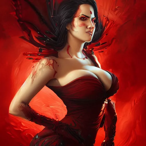 Image similar to portrait of sunny leone upper body in bloody business suit, blood red eyes, vampire fangs, fantasy, intricate, elegant, highly detailed, digital painting, artstation, concept art, matte, sharp focus, illustration, art by aenaluck and roberto ferri and greg rutkowski, epic fantasy, digital painting