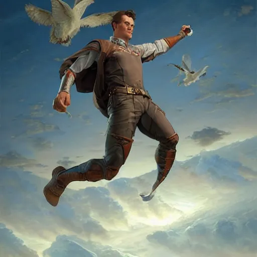 Image similar to a man flying through the sky. photorealistic. realism. 4 k wideshot. cinematic. unreal engine. masterpiece. rule of thirds. beautiful. artgerm. marc simonetti. jc leyendecker