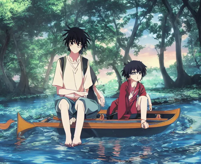 Image similar to anime key visual of a boy with black hair anime and girl, with long auburn hair, anime sitting together on one single long wooden rowboat. Romantic. Girl has auburn hair. Boy has short black hair. Boy and girl. Boy and girl. Narrow river in a forest, rocky shore, trees, shady, blue waters, ripples, waves, reflections, details, sharp focus, illustration, by Jordan Grimmer and greg rutkowski, Trending artstation, pixiv, digital art