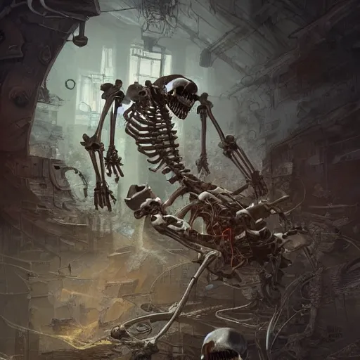 Image similar to hyperrealistic photography of a machine entering a skeleton host in the style of jin kagetsu, james jean and wlop, highly detailed, sharp focus, intricate concept art, digital painting, ambient lighting, 4 k, artstation