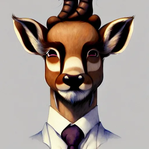 Image similar to character design portrait of a stupid chinese anthropomorphic furry deer man with deer ears, short brown hair, wearing a suits, looking at the camera, 4 k, concept art, by wlop, wenjun lin, watercolor, ilya kuvshinov, artgerm, krenz cushart, pixiv.