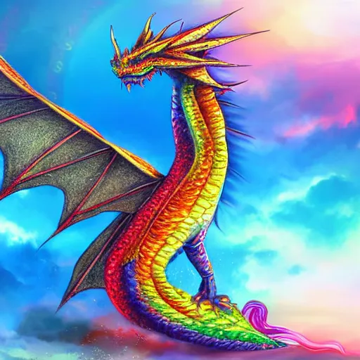 Prompt: a rainbow dragon standing under the rain with the sun behind them, 4k detailed, digital art, very beautiful