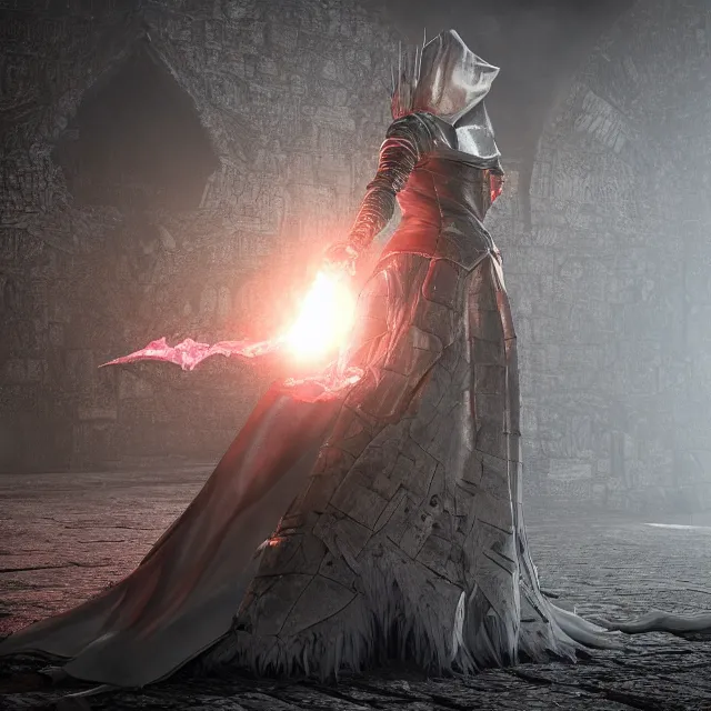 Image similar to queen elizabeth reimagined as a boss in dark souls, dark cinematic, volumetric, realistic, 3 d render, cinematic lighting, ray tracing, cinematic, unreal engine 5, unreal engine render, octane render, hyper realistic, photo, 8 k