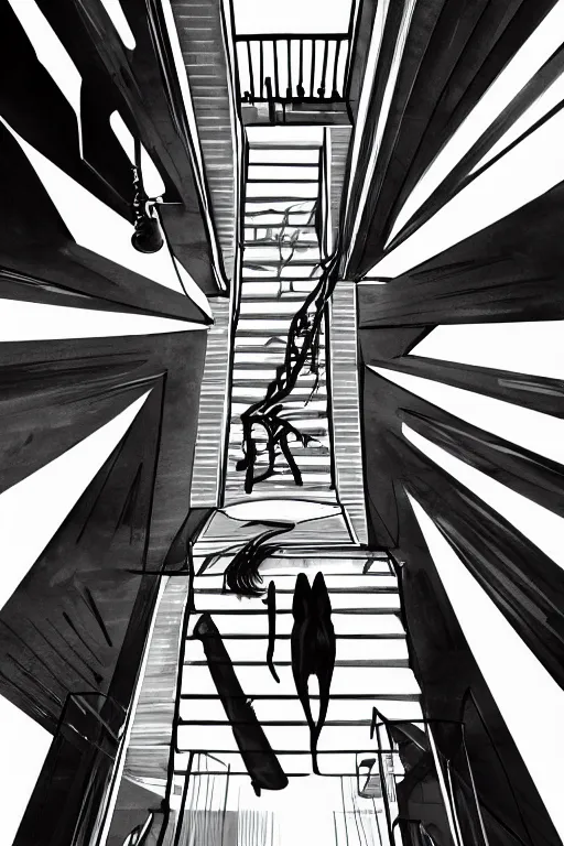 Image similar to looking down a flight of stairs at a black cat, first person perspective, digital illustration, artstation, artstation hq, hd