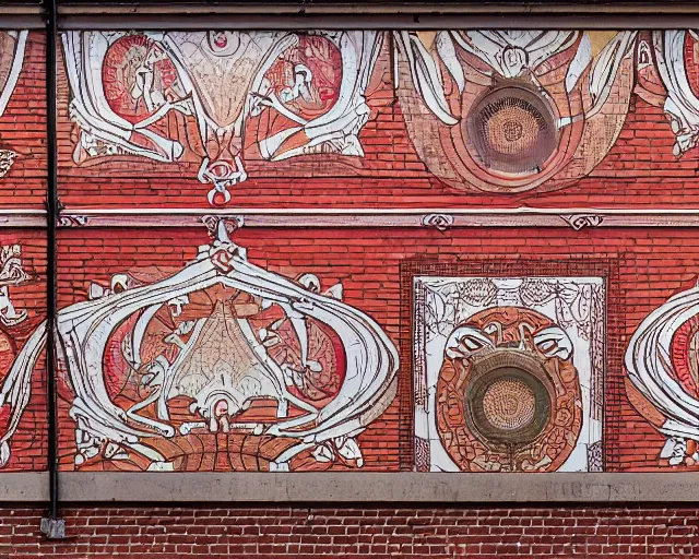 Image similar to photo of an outdoor mural from the early 1 9 0 0 s in the style of art nouveau, red curtains, art nouveau design elements, art nouveau ornament, brick wall, opera house architectural elements, painted on a brick wall, outdoor mural, mucha, masonic symbols, masonic lodge