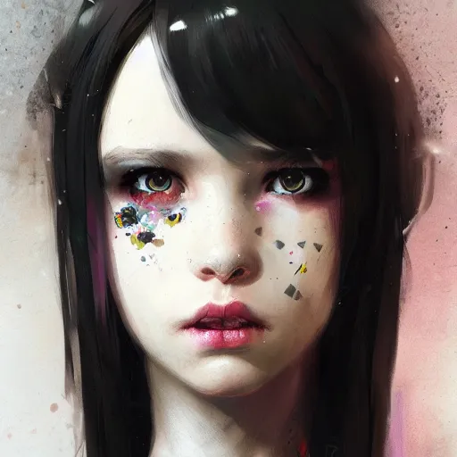 Prompt: cute portrait of emo girl, by greg rutkowski, trending on artstation, hyperdetalied, black flowers, rainbow,