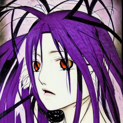 Image similar to yoshitaka amano blurry illustration of an anime girl with white hair and cracks on her face wearing dress suit with tie fluttering in the wind, purple color palette, abstract black and white patterns on the background, upside down cross earring, noisy film grain effect, highly detailed, renaissance oil painting, weird portrait angle