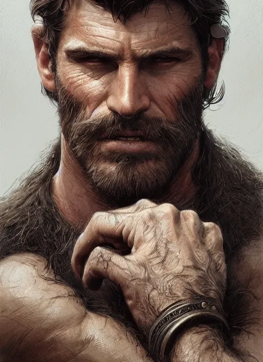 Image similar to portrait of a ruggedly handsome ranger, hands details, muscular, half body, leather, hairy, d & d, fantasy, intricate, elegant, highly detailed, digital painting, artstation, concept art, smooth, sharp focus, illustration, art by artgerm and greg rutkowski and alphonse mucha