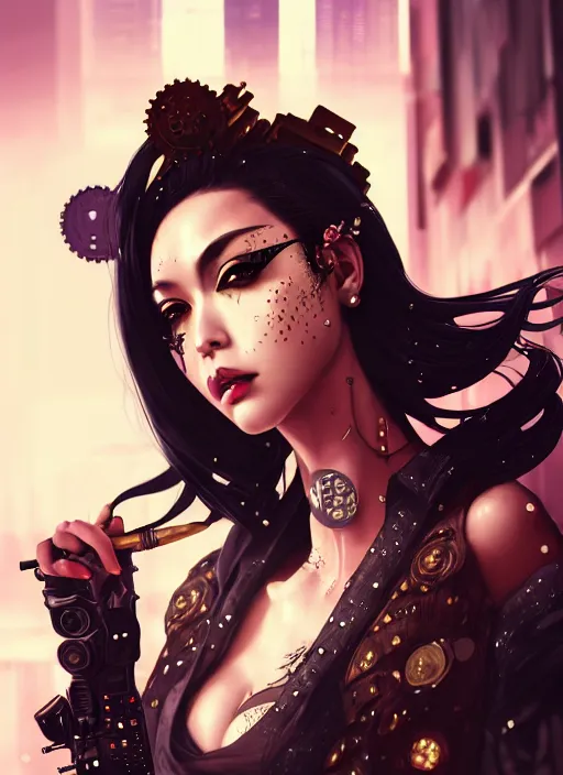 Image similar to soft lustrous ebony geisha seductive raver gutter punk steampunk cyborg, yakuza, golden ratio, details, scifi, fantasy, cyberpunk city, intricate, decadent, highly detailed, octane render, digital painting, artstation, concept art, sharp focus, illustration, art by artgerm, loish, wlop