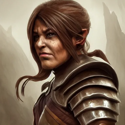 Image similar to Epic portrait an female orc with sleeve armor plates and protective lether shirt, muscular, pretty, glossy skin, glowing eyes, brown hair, digital painting, artstation, concept art, soft light, hdri, smooth, sharp focus, illustration, fantasy, intricate, elegant, highly detailed, D&D, matte painting, in the style of Greg Rutkowski and Alphonse Mucha and artemisia, 8k, highly detailed, jurgens, rutkowski, bouguereau, pastoral, rustic, georgic