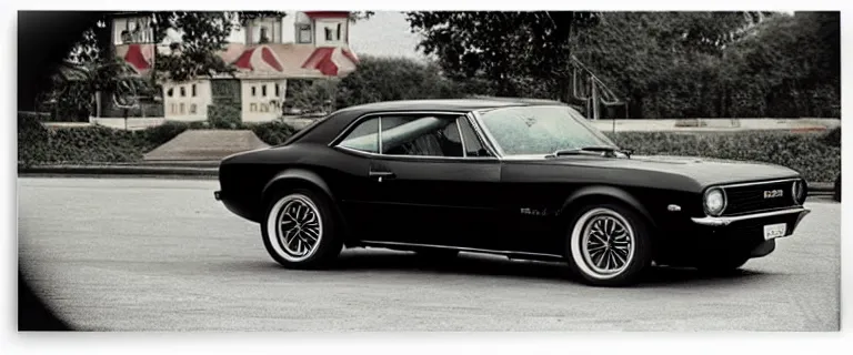 Image similar to black audi camaro b 1 ( 1 9 6 7 ) with stripes, retro poster, establishing shot