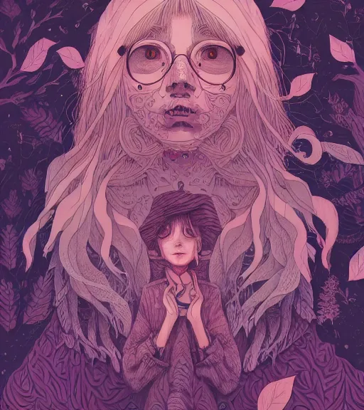 Prompt: portrait, nightmare anomalies, leaves with howl by miyazaki, violet and pink and white palette, illustration, kenneth blom, mental alchemy, james jean, pablo amaringo, naudline pierre, contemporary art, hyper detailed