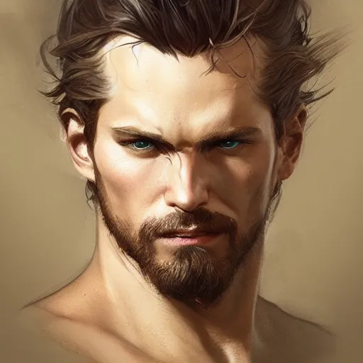 Image similar to portrait of a rugged male, D&D, fantasy, intricate, elegant, highly detailed, digital painting, artstation, concept art, smooth, sharp focus, illustration, art by artgerm and greg rutkowski and alphonse mucha