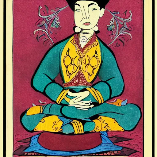 Prompt: vaquero sitting lotus position, persian folktale artstyle