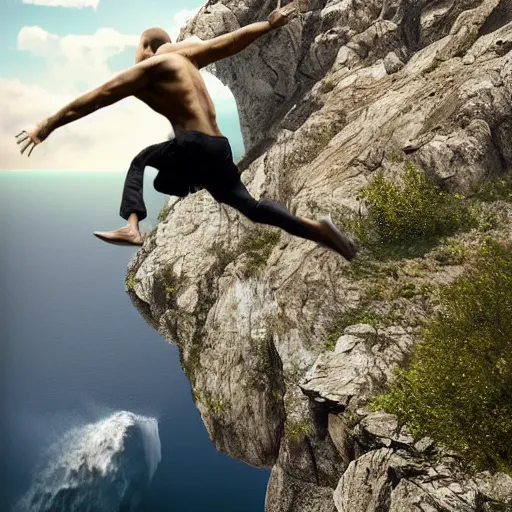 Prompt: putin jumping off a cliff hyper realistic, 4k, 8k, cinematik.