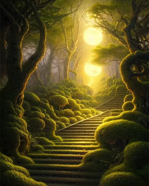 Image similar to a hyper - detailed 3 d render like an oil painting of the sunlit path to the moonlit garden, surrealism!!!!! surreal concept art, lifelike, photorealistic, digital painting, aesthetic, smooth, sharp focus, artstation hd, by greg rutkowski, bruce pennington, valentina remenar, rhads, asher duran,