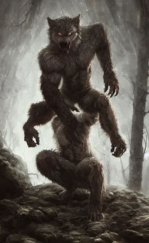 Image similar to Portrait of a rugged werewolf sitting down, male, muscular, detailed face, bare thighs!!!, simple clothing!!!!!, fantasy, medieval, highly detailed, cinematic lighting, digital art painting by greg rutkowski