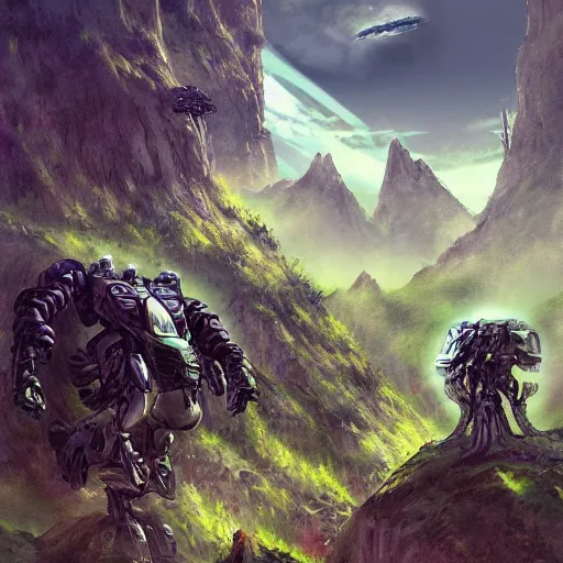 Image similar to mechas in highly detailed alien planet with lush vegetation, deserts and mountains, artgerm, cgsociety