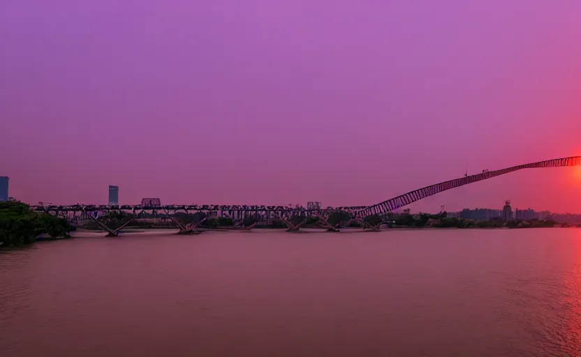 Image similar to a photo of wuhan yangtze river bridge, sunset, purple sky, cinematic, 8 k, highly - detailed