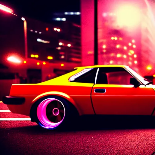 Image similar to a car S30 turbo drift at illegal car meet, shibuya prefecture, sunset night mist neon lights, cinematic color, photorealistic, highly detailed wheels, highly detailed