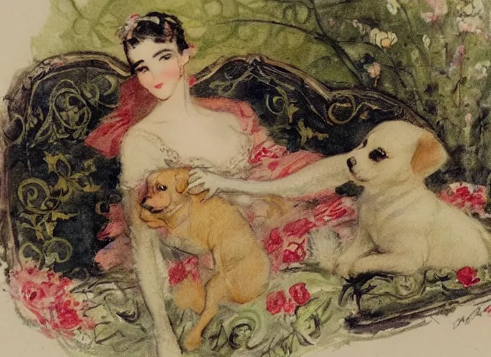 Prompt: Louis Icart, an old elaborate colored drawing of a woman laying eloquently on a sofa holding a puppy, wearing flowing dress with floral motifs, by Louis Icart, highly detailed, masterpiece