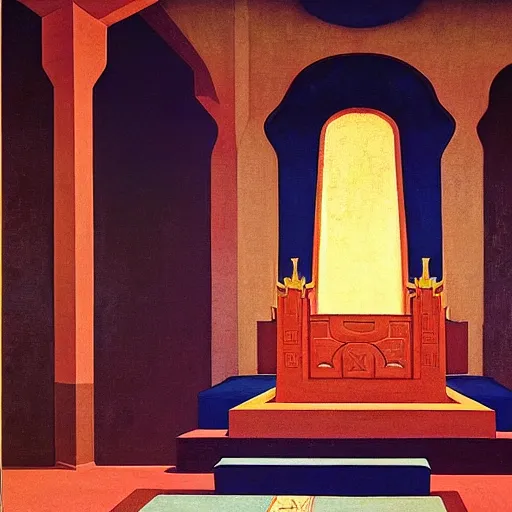 Image similar to an illustration of a throne room, by nicholas roerich, by frank frazetta by georgia o keeffe by frederick william elwell, by hans emmenegger, by eyvind earle highly detailed, realistic, outline, line work, fantasy, oriental, stylised flat colors, animation