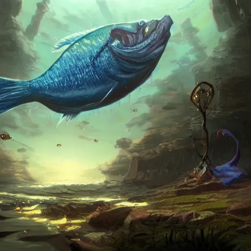 Prompt: a giant fish that is floating in the water, concept art by chris labrooy, trending on artstation, fantasy art, lovecraftian, 2 d game art, concept art