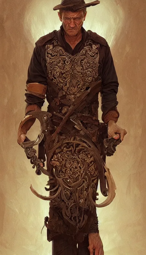 Image similar to peasent, clint wastwood as the butcher, fibonacci, sweat drops, intricate fashion clothing, insane, intricate, highly detailed, surrealistic, digital painting, artstation, concept art, smooth, sharp focus, illustration, Unreal Engine 5, 8K, art by artgerm and greg rutkowski and alphonse mucha