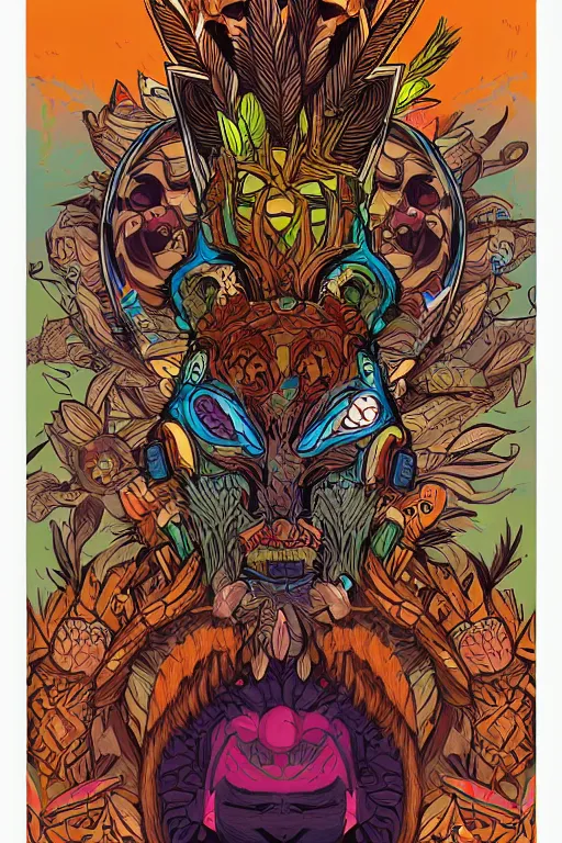 Image similar to animal mask totem roots flower tribal feather gemstone plant wood rock shaman vodoo video game vector cutout illustration vivid multicolor borderlands comics by josan gonzales and dan mumford radiating a glowing aura