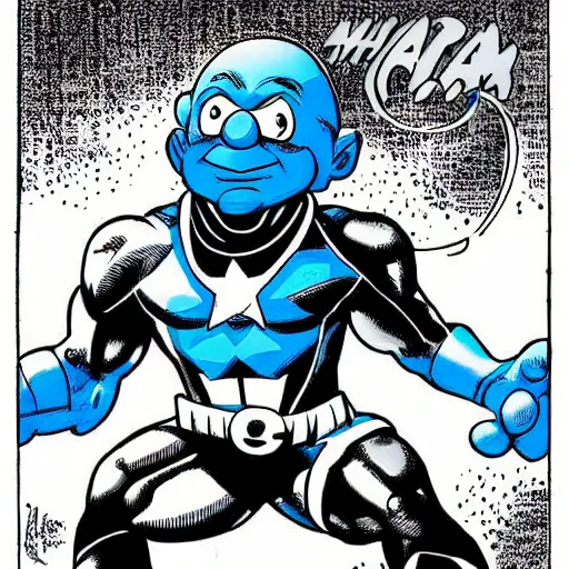 Prompt: Papa Smurf as Marvel Comic superhero, drawn by Stan Lee.