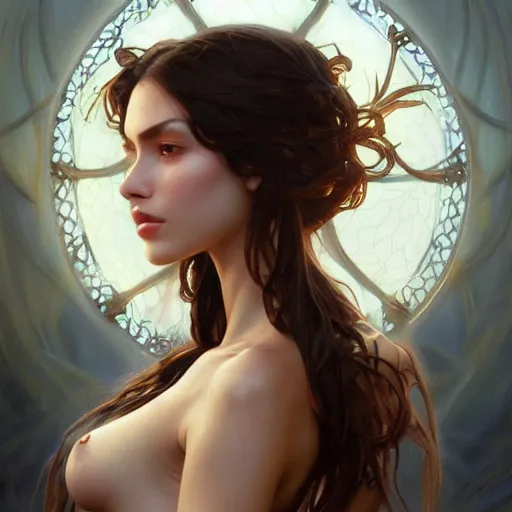 Prompt: Instagram Model, olive skin, long dark hair, beautiful bone structure, intricate, elegant, highly detailed, digital painting, artstation, concept art, smooth, sharp focus, illustration, art by artgerm and greg rutkowski and alphonse mucha