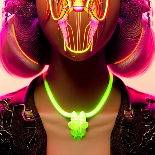 Prompt: portrait of an absurdly beautiful, graceful, sophisticated, fashionable cyberpunk mechanoid gravure idol, ultrafine hyperdetailed illustration by irakli nadar, matt wisniewski style, intricate linework, porcelain skin, neon jellyfish headdress, iridescent siamese fighting fish necklace, unreal engine 5 highly rendered, global illumination, radiant light, detailed and intricate environment