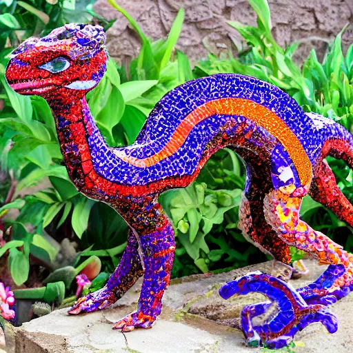 Image similar to mosaic sculpture of a alebrije chimera!!!, irregularly shaped mosaic tiles, hand glazed pottery shards, in a cottagecore flower garden