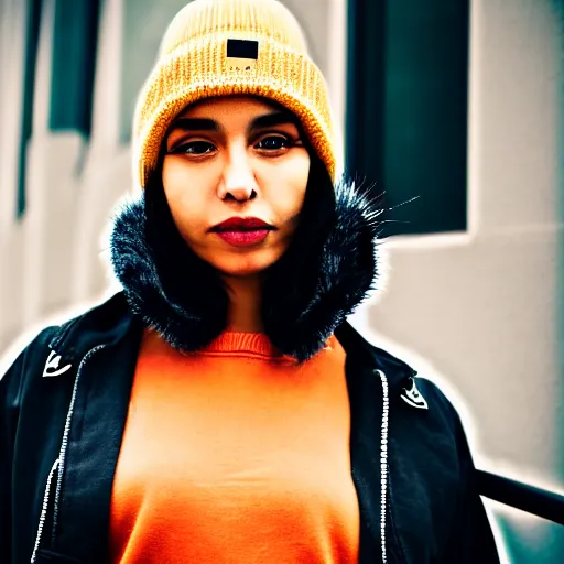 Image similar to portrait of a mixed woman smoking a cigarette, black beanie, black bomber jacket, urban environment, depth of field