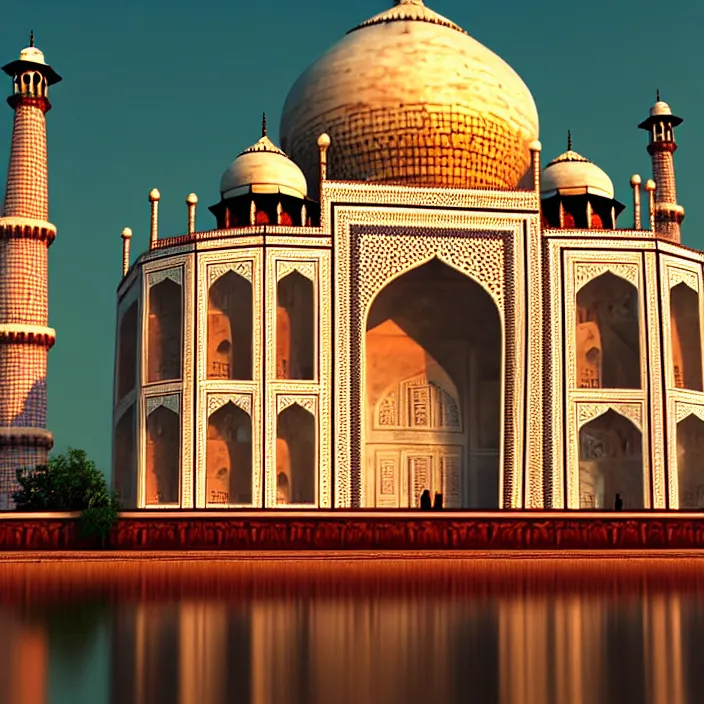 Image similar to taj mahal, naturel, glossy reflections, hyper detailed, digital art, trending in artstation, cinematic lighting, studio quality, smooth render, unreal engine 5 rendered, octane rendered, art style by klimt and nixeu and ian sprigger and wlop and krenz cushart.