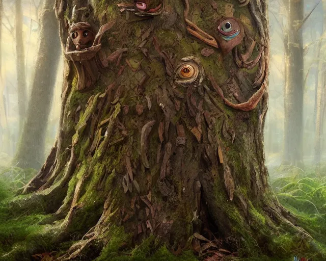 Image similar to a talking tree, a smiling face in the bark, nose made of wood, mouth in the bark, fantasy concept art, oil painting, hyperrealistic, highly detailed, artstation, cgsociety, in the forest