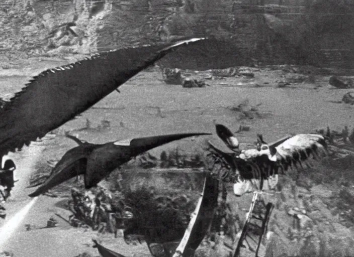 Image similar to scene from the 1971 lost world film Zeppelin Vs Pterodactyls