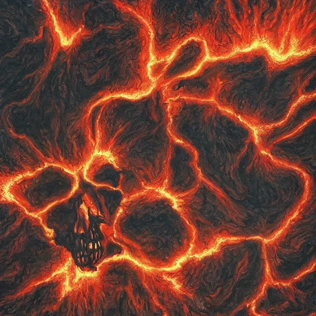 Image similar to an active supervolcano exploding with fire and thick smoke in the shape of a demonic skull by dan seagrave art