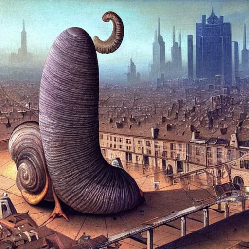 Image similar to a giant snail stands over a city painting by barlowe, behsinski colors. masterpiece painting