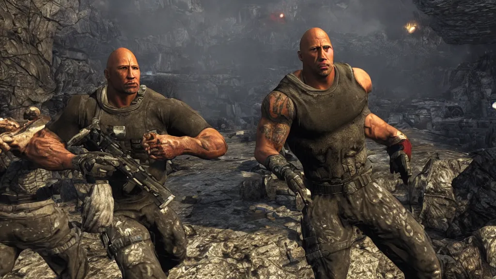 Image similar to dwayne the rock johnson, dwayne the rock johnson in the call of duty zombies map tranzit, black ops 2 tranzit, screenshot