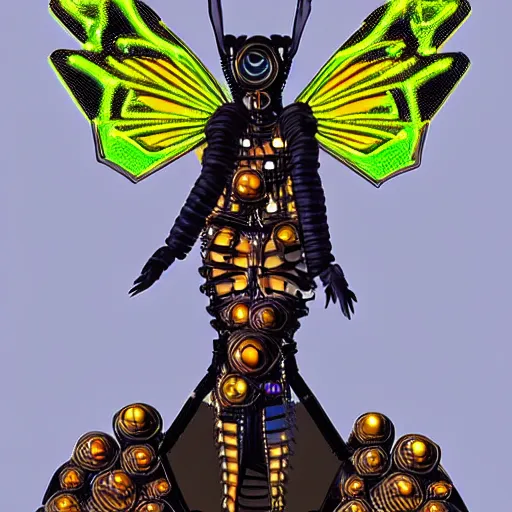 Prompt: cyberpunk queen bee with neon color body, highly detailed, steampunk