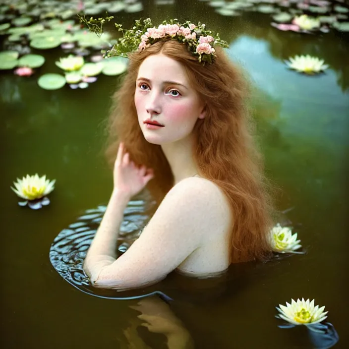 Prompt: Kodak Portra 400, 8K, soft light, volumetric lighting, highly detailed, britt marling style 3/4 ,portrait photo of a beautiful woman how pre-Raphaelites painter, the face emerges from the water of a pond with water lilies, julie dillon, a beautiful lace dress and hair are intricate with highly detailed realistic beautiful flowers , Realistic, Refined, Highly Detailed, natural outdoor soft pastel lighting colors scheme, outdoor fine art photography, Hyper realistic, photo realistic